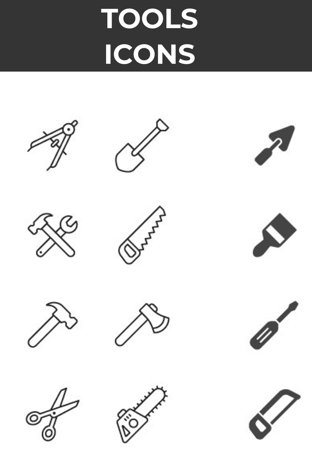 Black tools icons on white background.