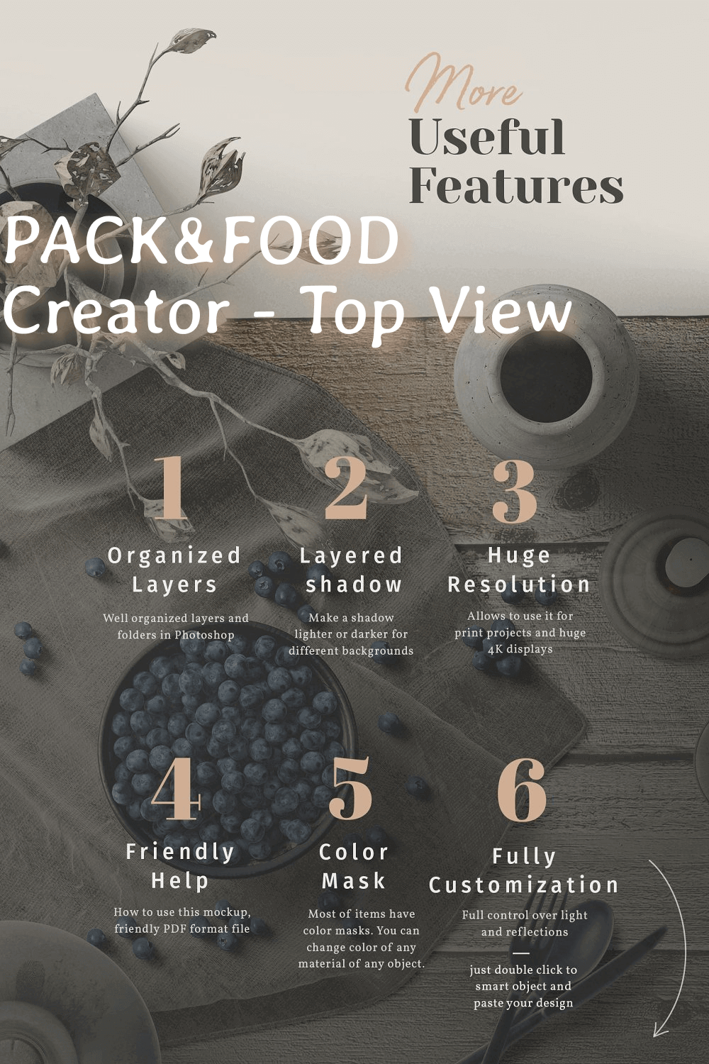 Organized Layers, Layered Shadow, Huge Resolution, Color Mask, Help, Fully Customization in PACK&FOOD Creator - top view.