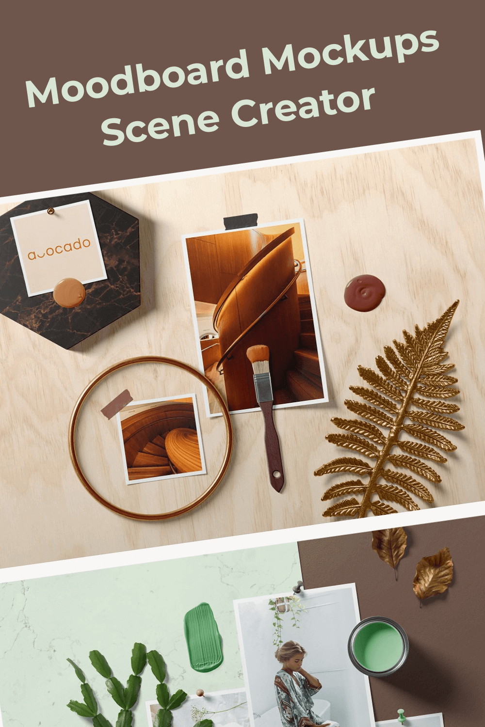 Brown, Gold and Green Elements are Created in Moodboard Mockups Scene Creator.