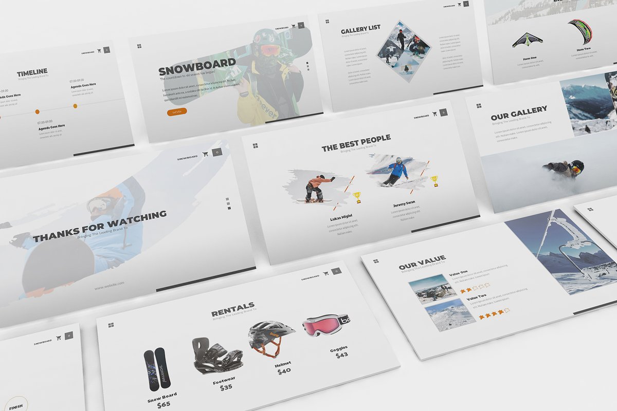 Snowboard Keynote Template for snowboard and winter sport presentation business template. 