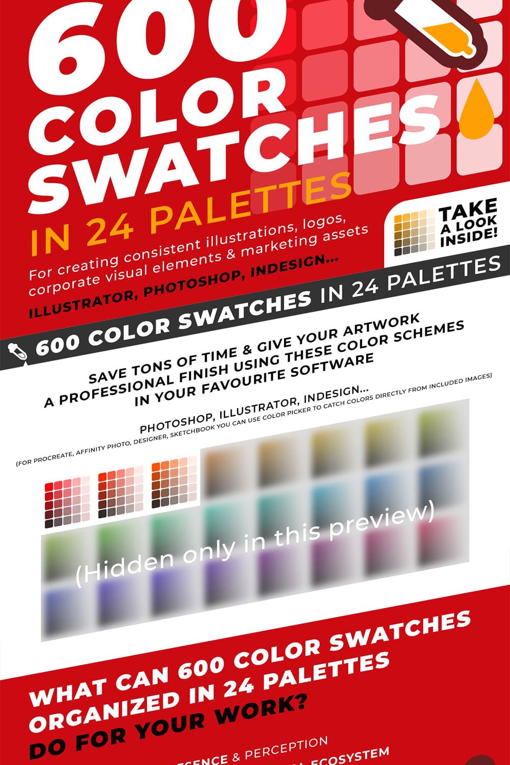600 Color Swatches In 24 Palettes - "Illustrator, Photoshop, Indesign".