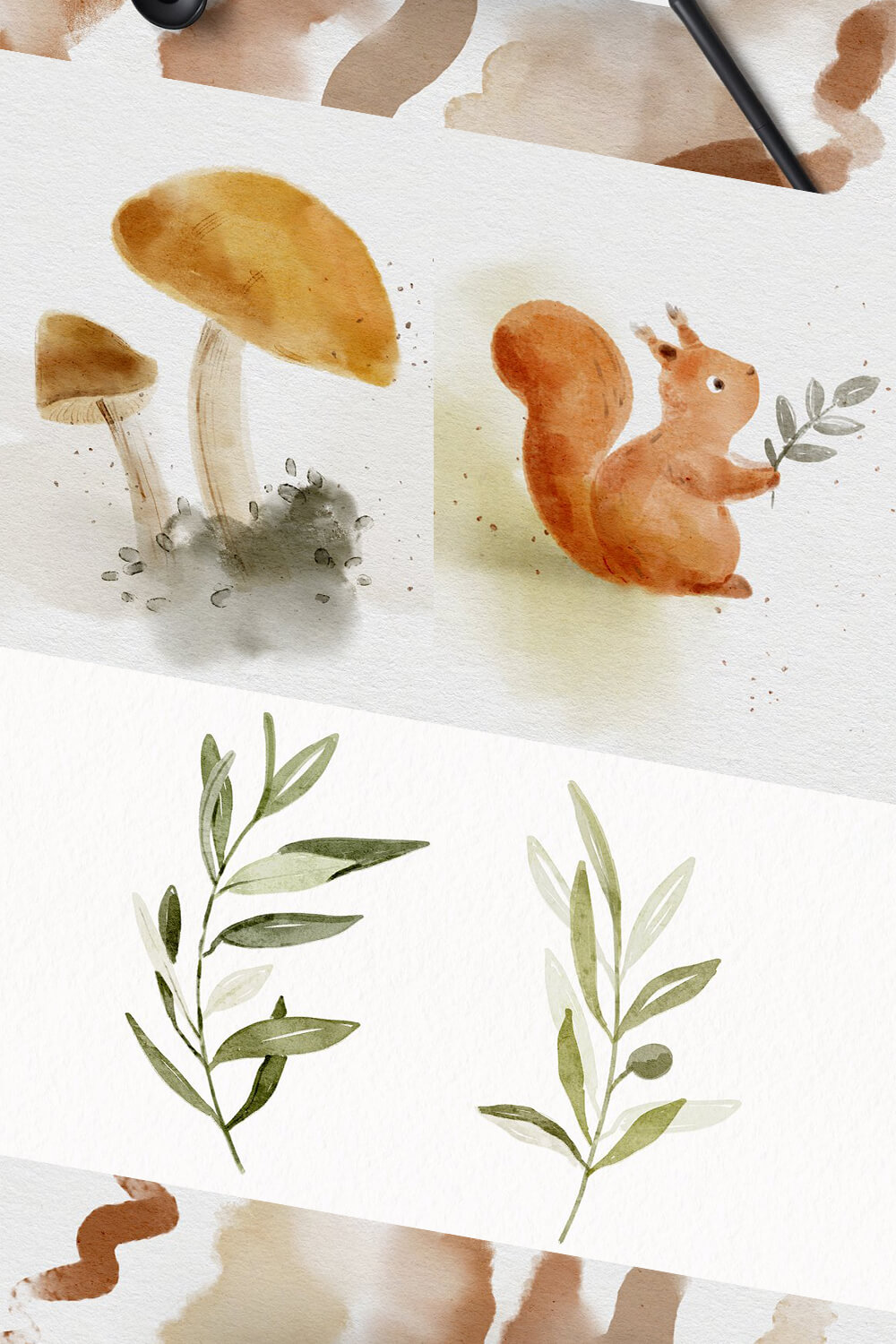Mushrooms, Squirrel, Green Branches.