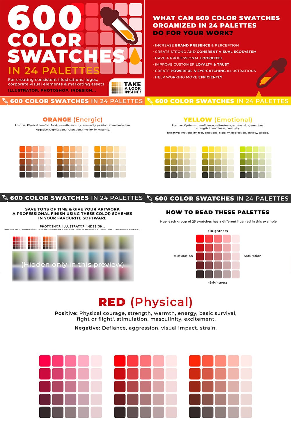600 Color Swatches In 24 Palettes - "How To Read These Palettes".