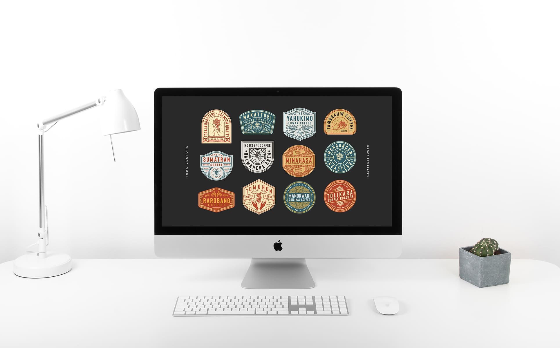 12 coffee logo and badge templates desktop mockup.