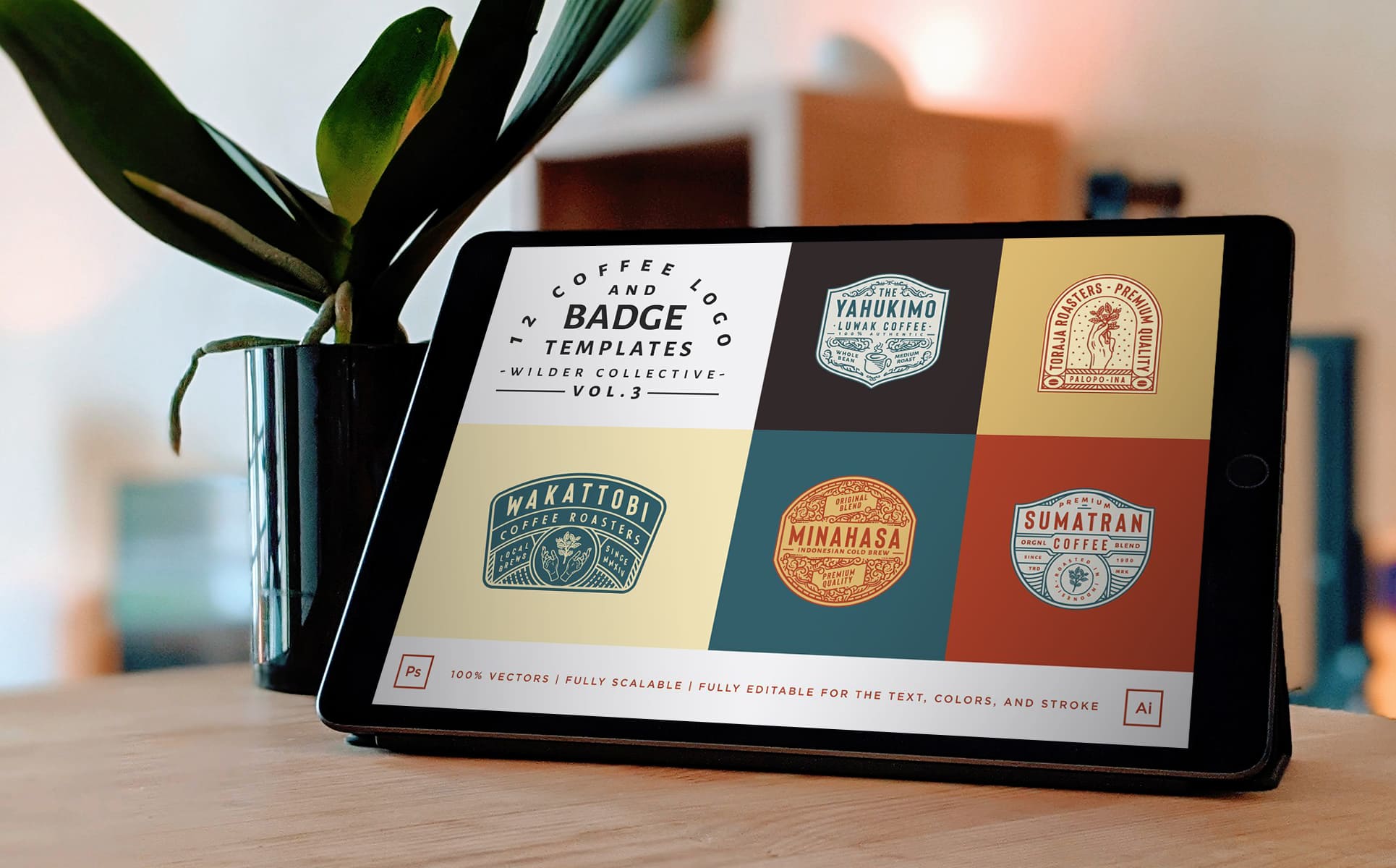 12 coffee logo and badge templates tablet mockup.