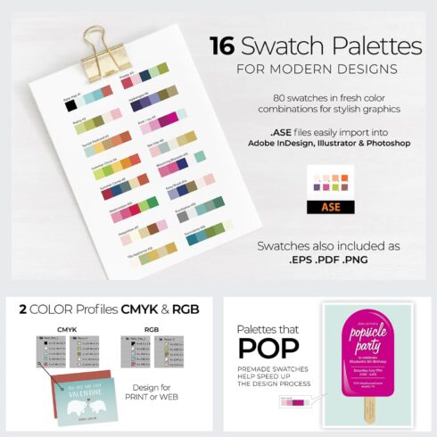 16 Swatch Palettes For Modern Designs - Color Profiles CMYK & RGB.