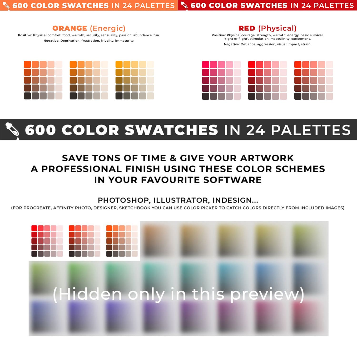 600 Color Swatches In 24 Palettes - "Save Tons Of Time & Give Your Artwork A Professional Finish".