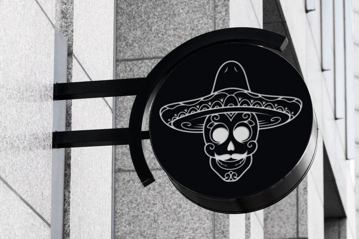 Signboard with a skull in a sambrero.