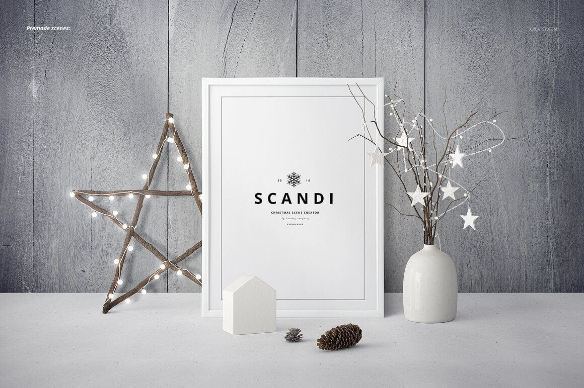 Premade Scenes on Light Grey Background with Wooden Texture and Christmas Star.