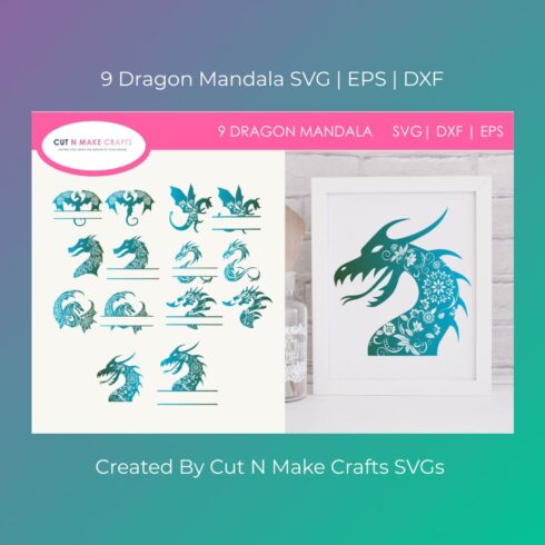 Picture of a dragon with blue and green designs on it.