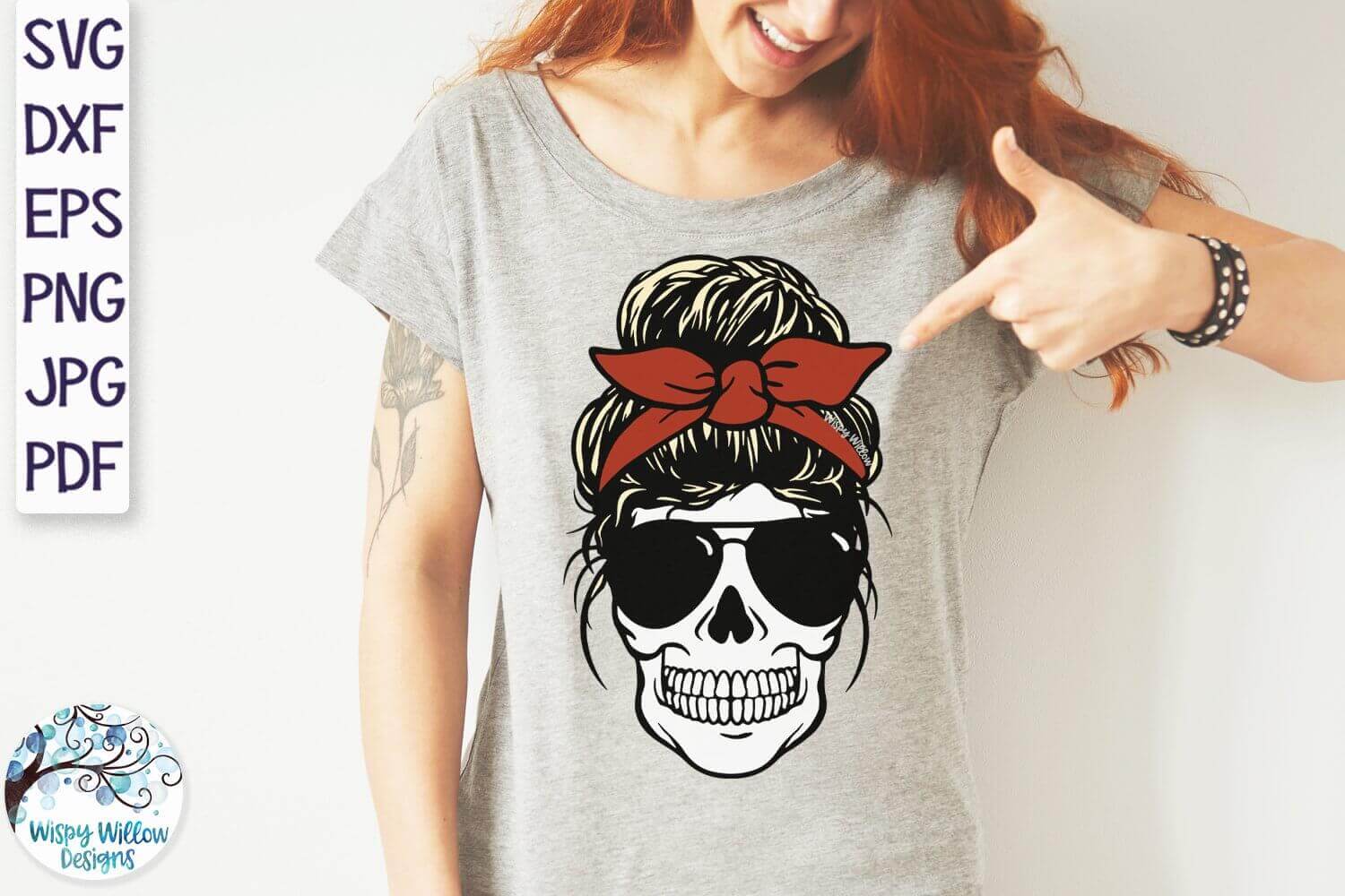 Messy Bun Skull Mom with Red Kerchief on the Head on the T-shirt.