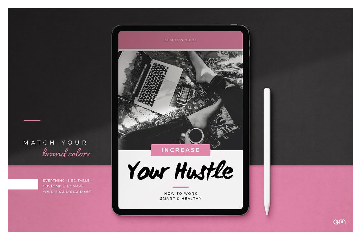 Brand Colors, IPad and White Pencil on Black and Pink Background.
