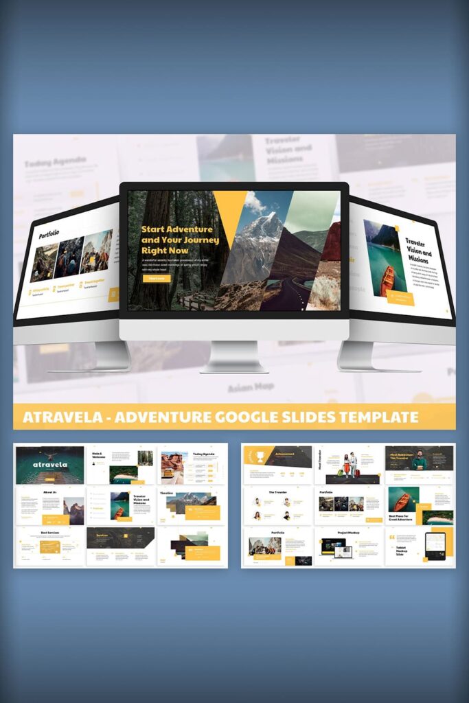 Atravela Adventure Google Slides Template Pinterest image with slide preview.