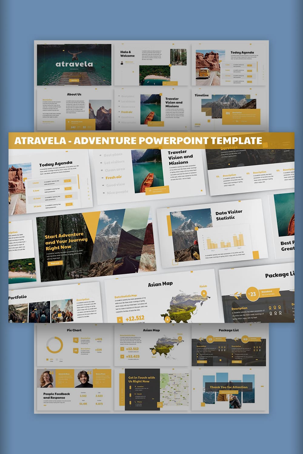 Atravela - Adventure Powerpoint Template Pinterest image with slides preview.