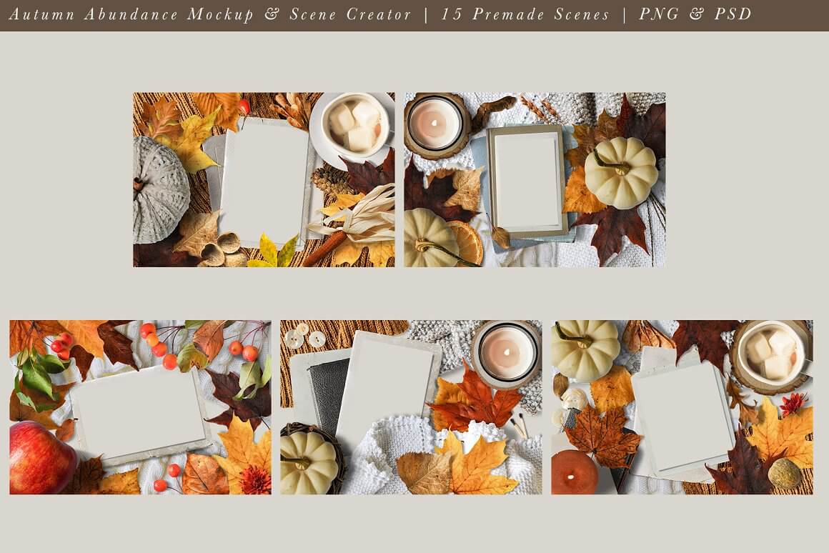 15 Premade Scenes of Autumn Abundance Mockup and Scene Creator.