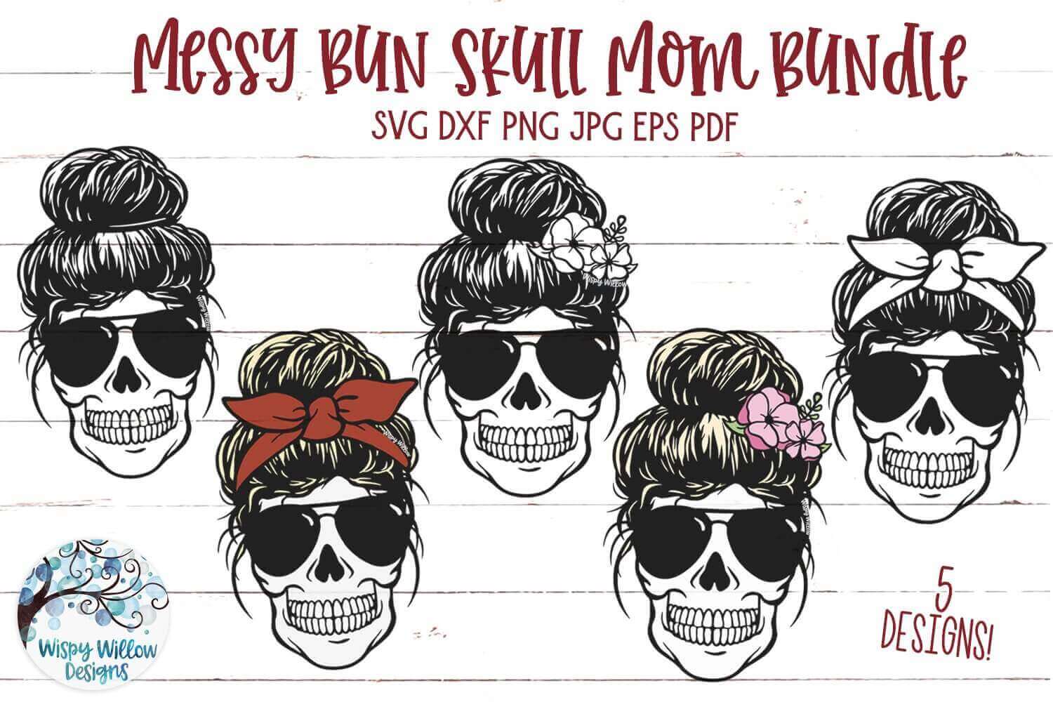 Messy Bun Skull Mom Bundle on the White Background.