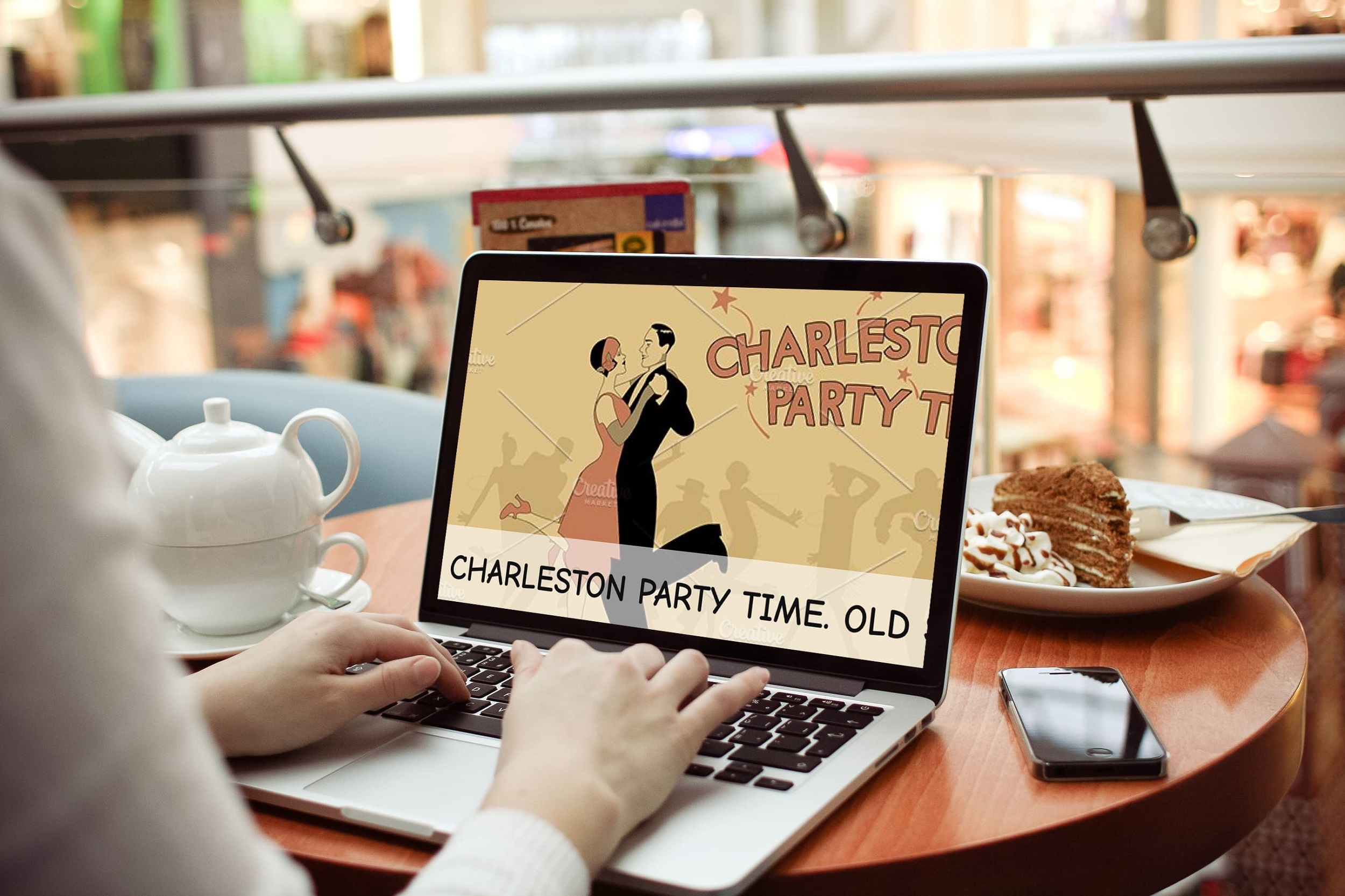 charleston party time. old style laptop mockup.