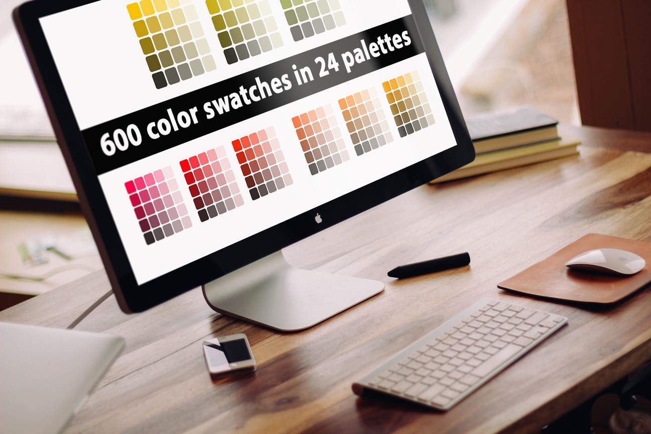 600 Color Swatches In 24 Palettes On The Laptop.