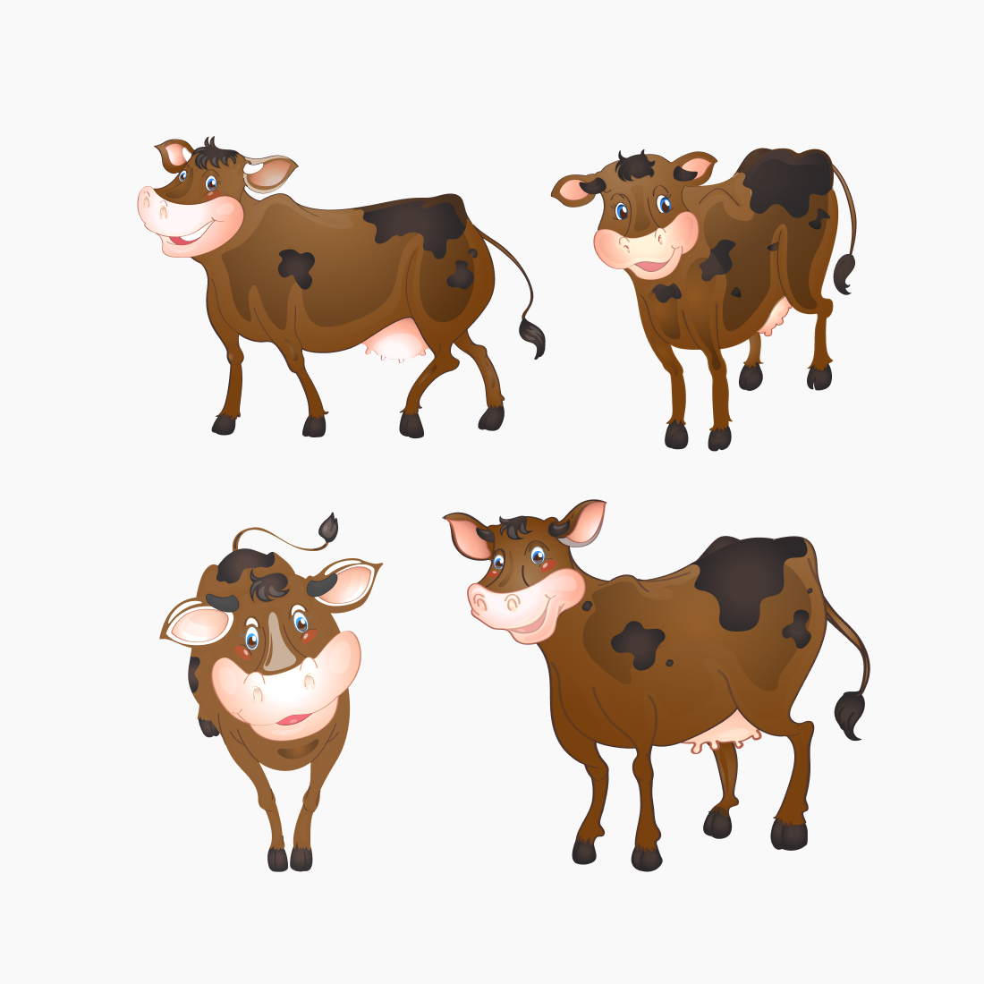 Set of four brown cows standing next to each other.