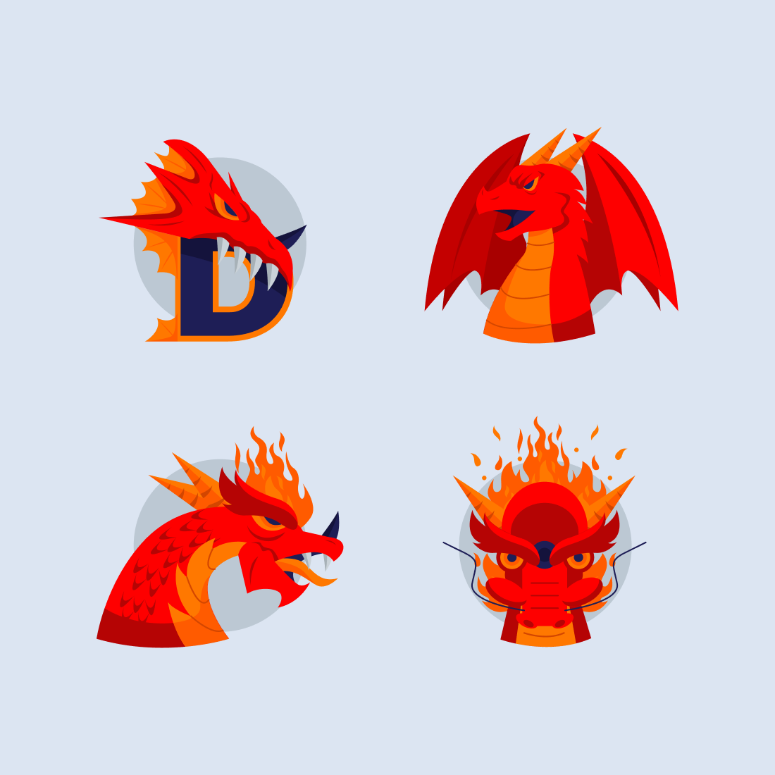 Set of four red and orange dragon emblems.