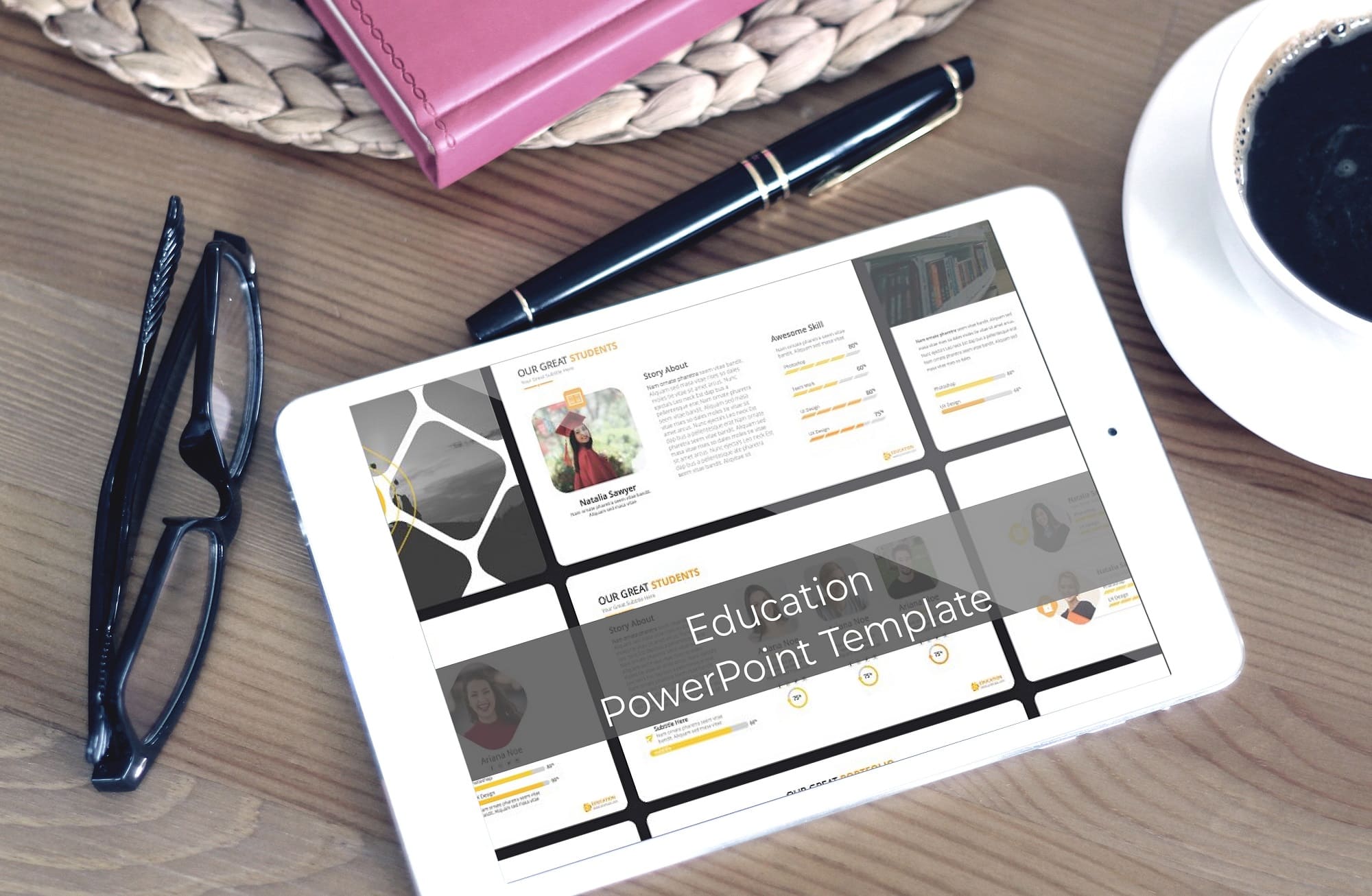 education powerpoint template tablet mockup