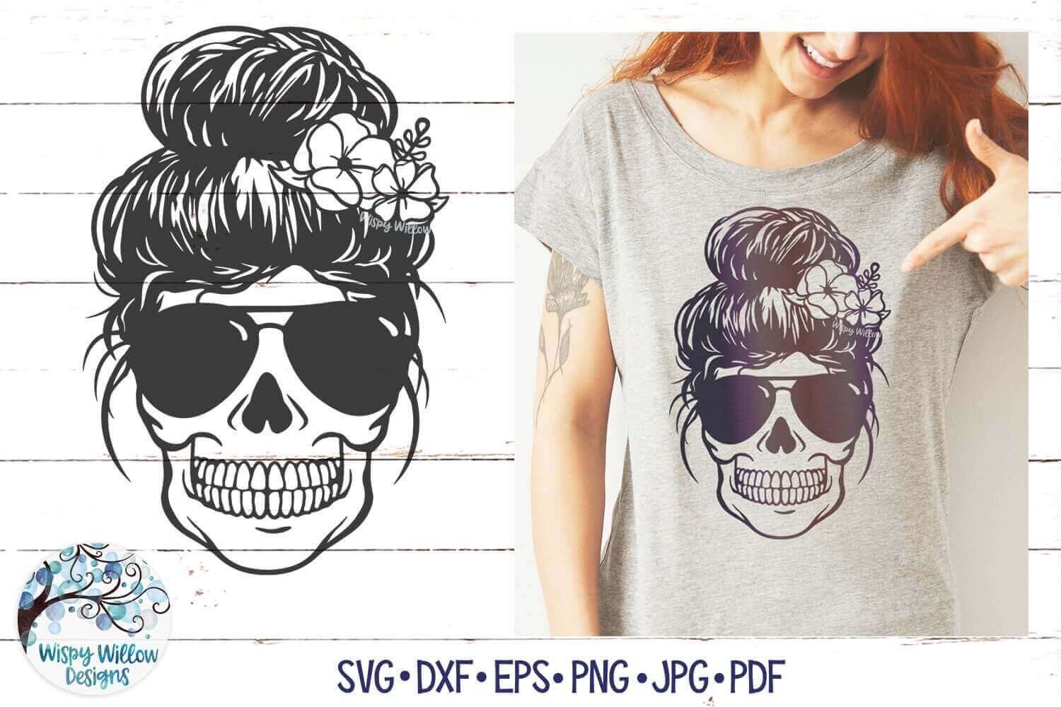Grey T-shirt with Skull Mom with Flower on the Hair.