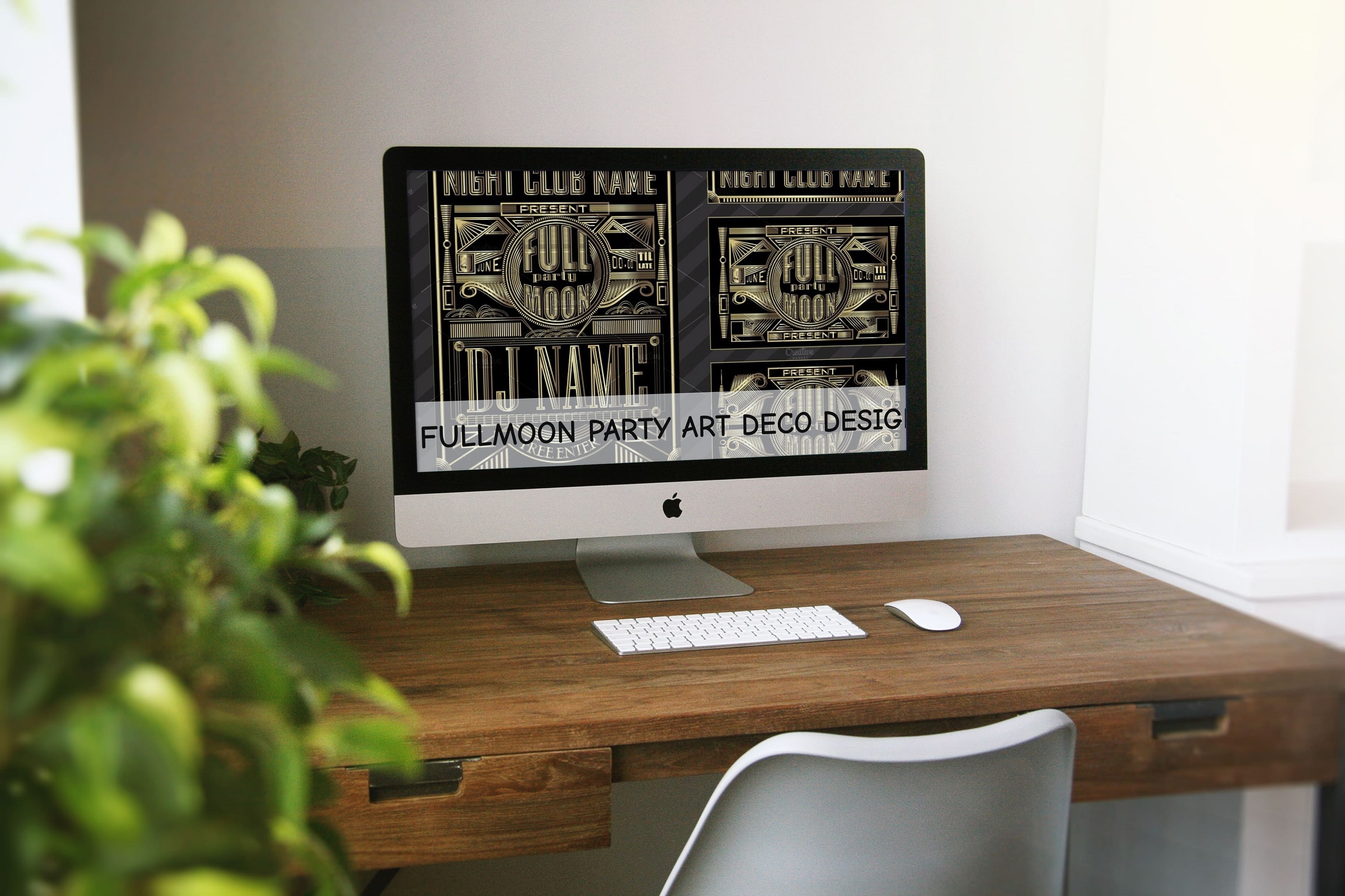 fullmoon party art deco design desktop mockup.