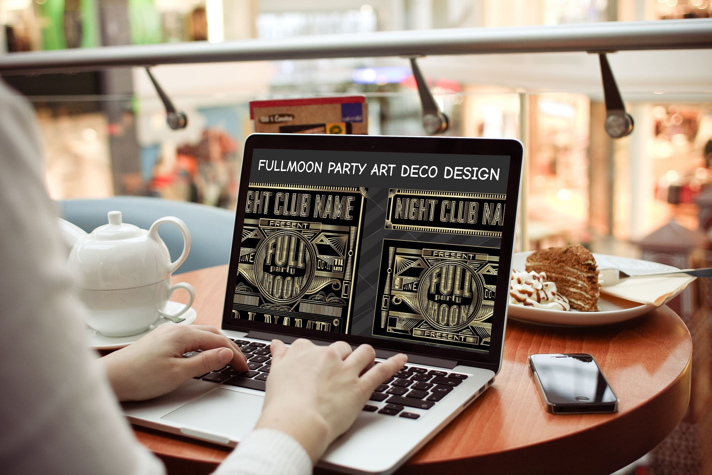 fullmoon party art deco design laptop mockup