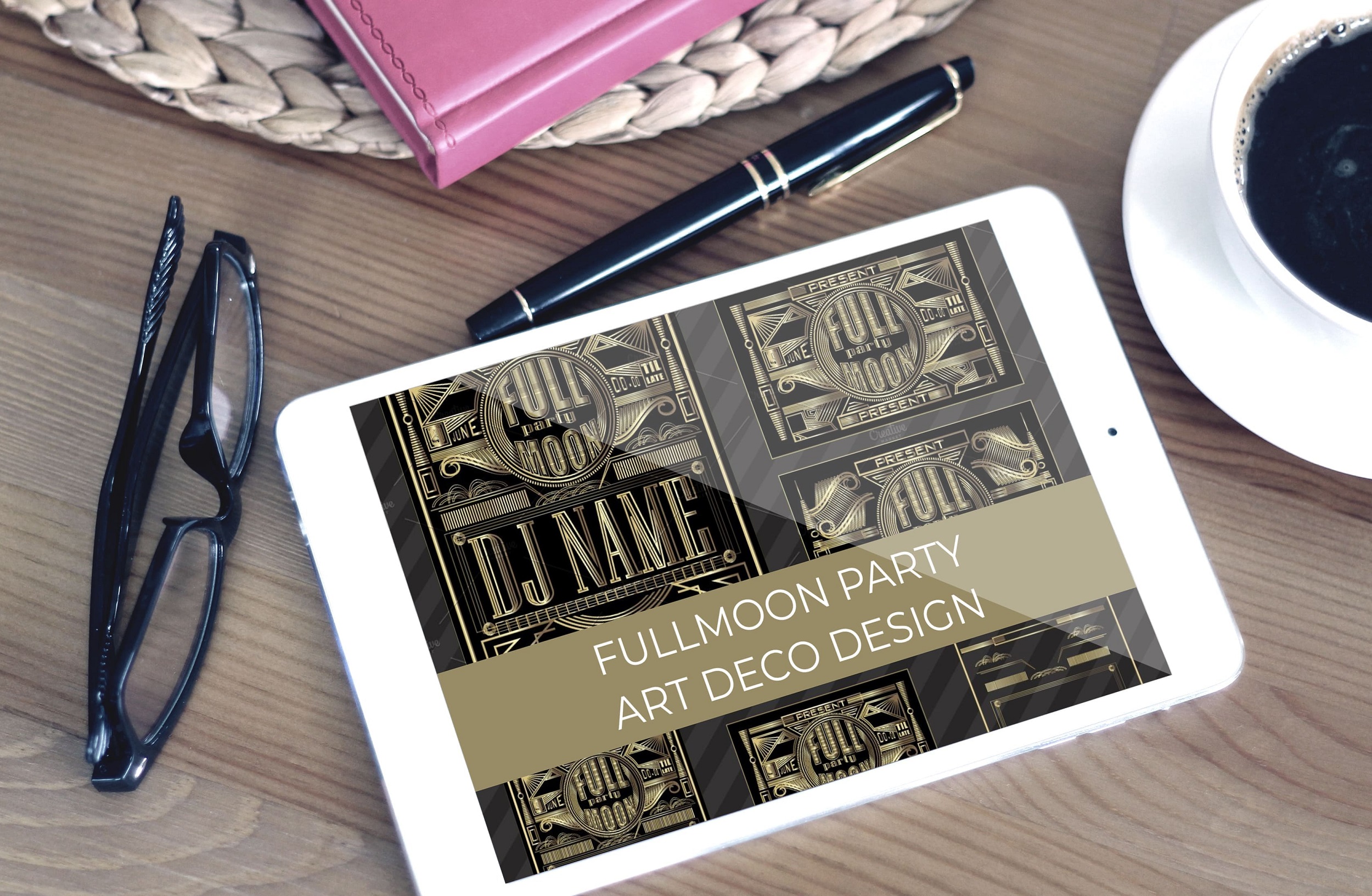 fullmoon party art deco design tablet mockup