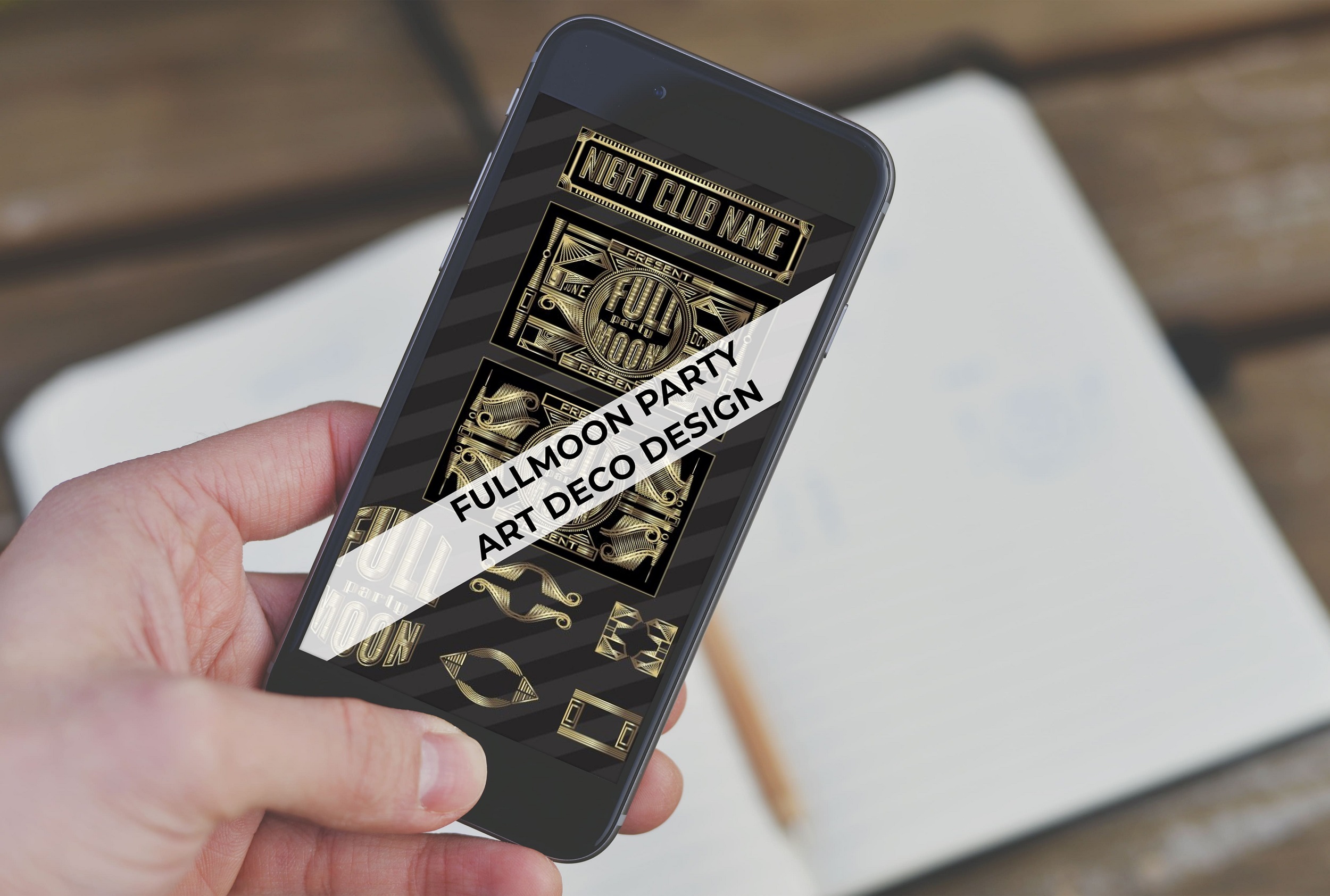 gatsby 1920 gold foil party clip art phone mockup.