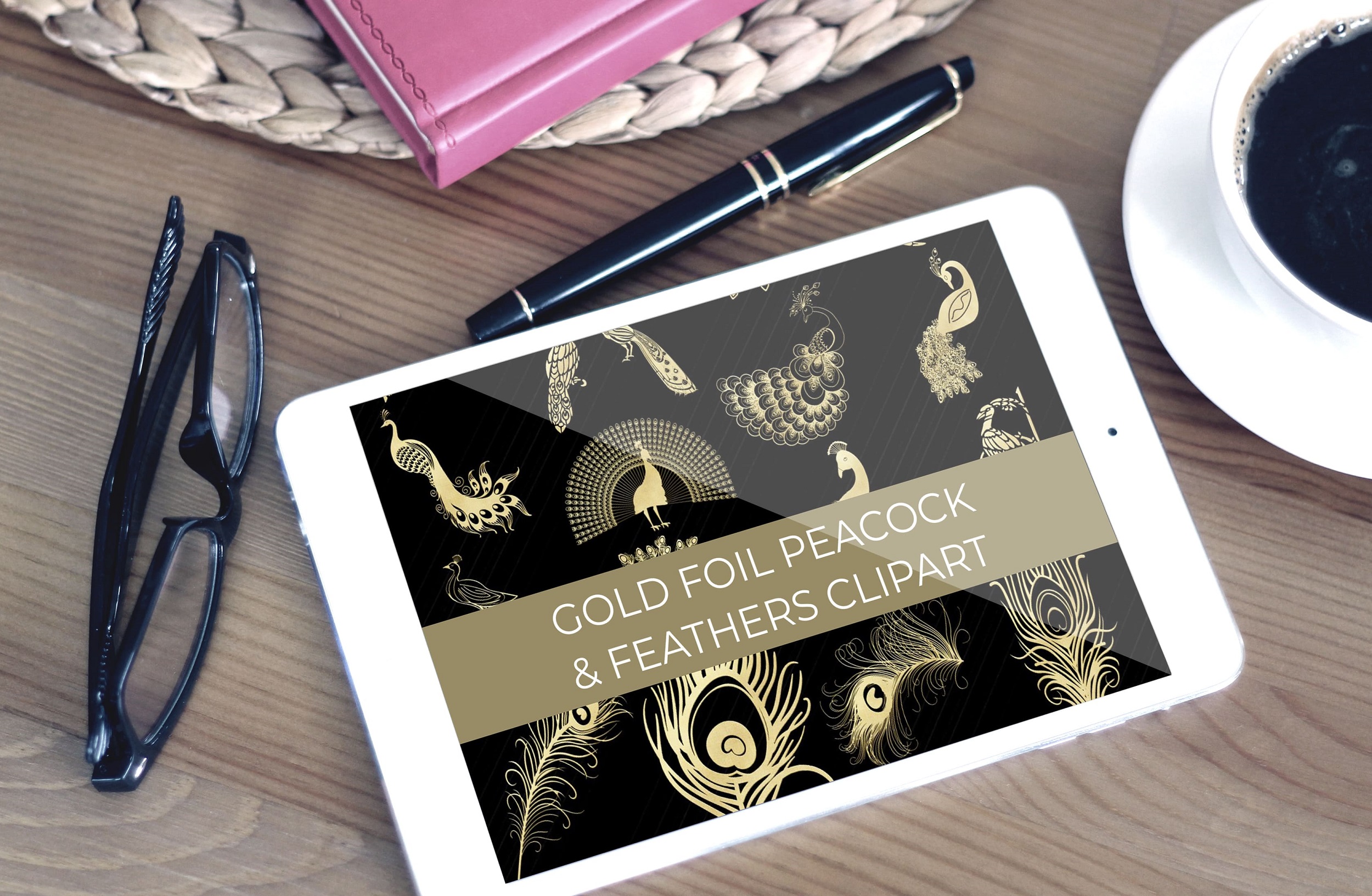 gold foil peacock feathers clipart tablet mockup.