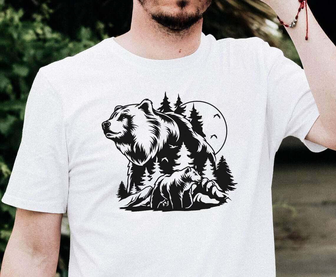 Bear SVG File, Grizzly Bear SVG, Black Bear SVG, Brown Bear SVG, Mountain Bear SVG, Bear in the Wild SVG, Bear Cricut Files, Bear PNG on the Man's T-shirt.