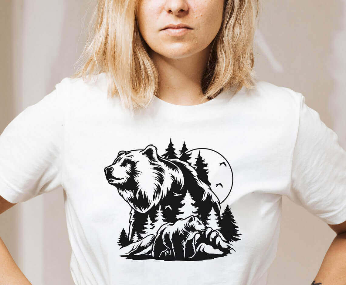 Bear SVG File, Grizzly Bear SVG, Black Bear SVG, Brown Bear SVG, Mountain Bear SVG, Bear in the Wild SVG, Bear Cricut Files, Bear PNG on the Woman's T-shirt.