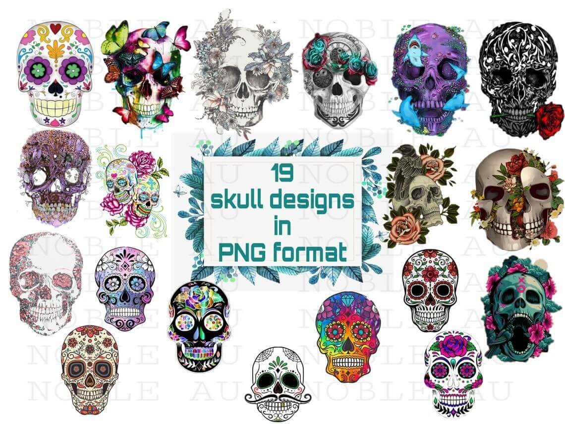 19 Skull Designs in PNG Format.