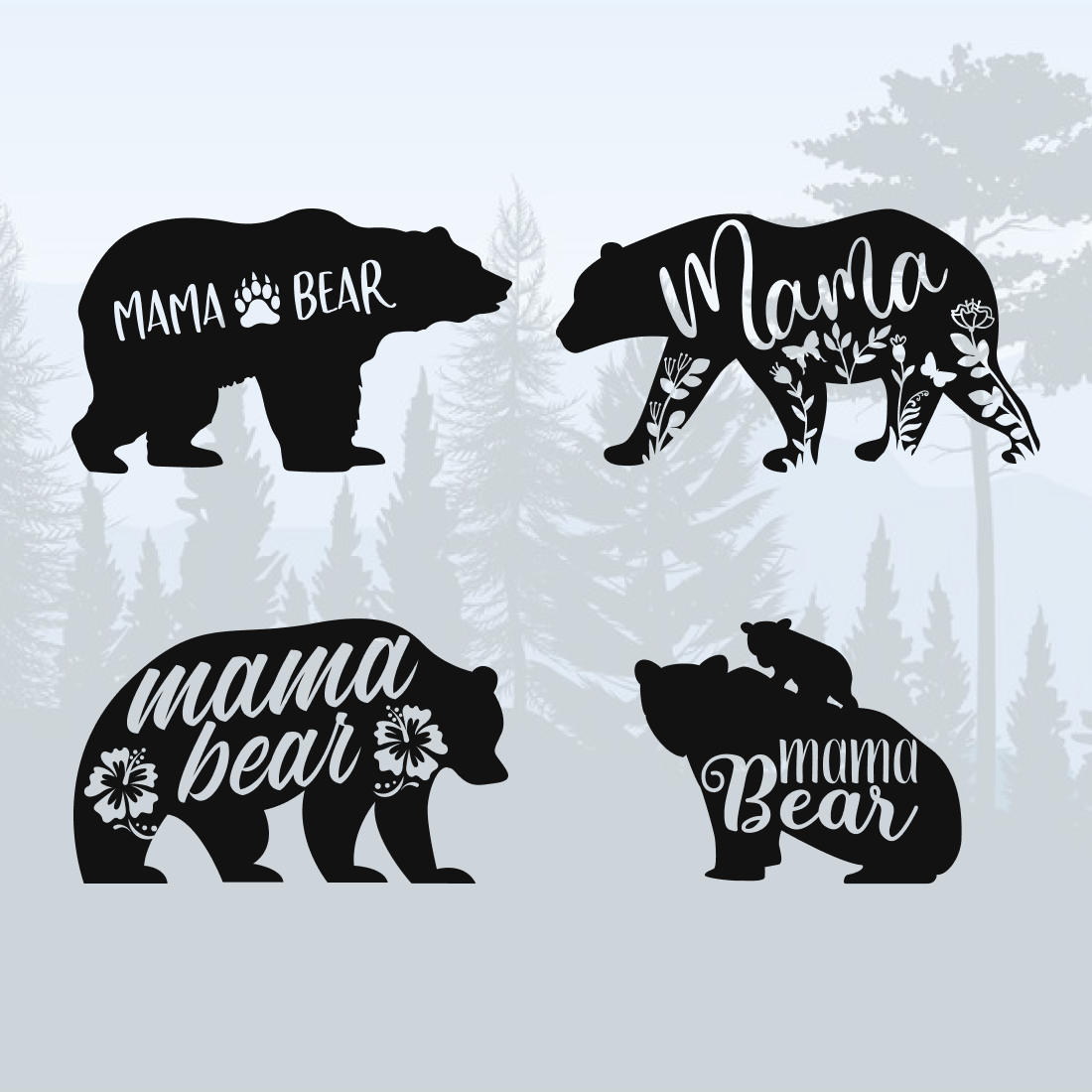 Set of three bear silhouettes with the words mama bear and mama bear.