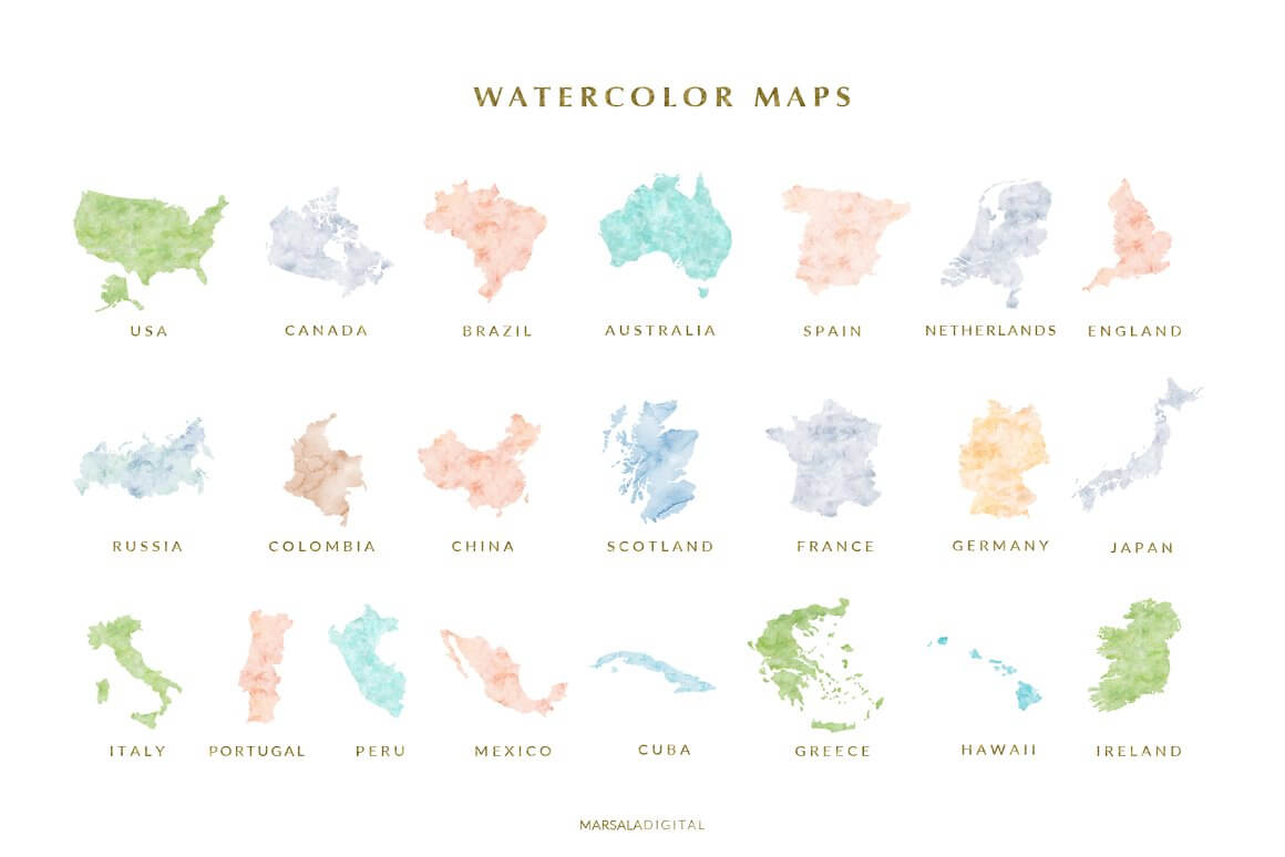 All Countries Watercolor Maps.
