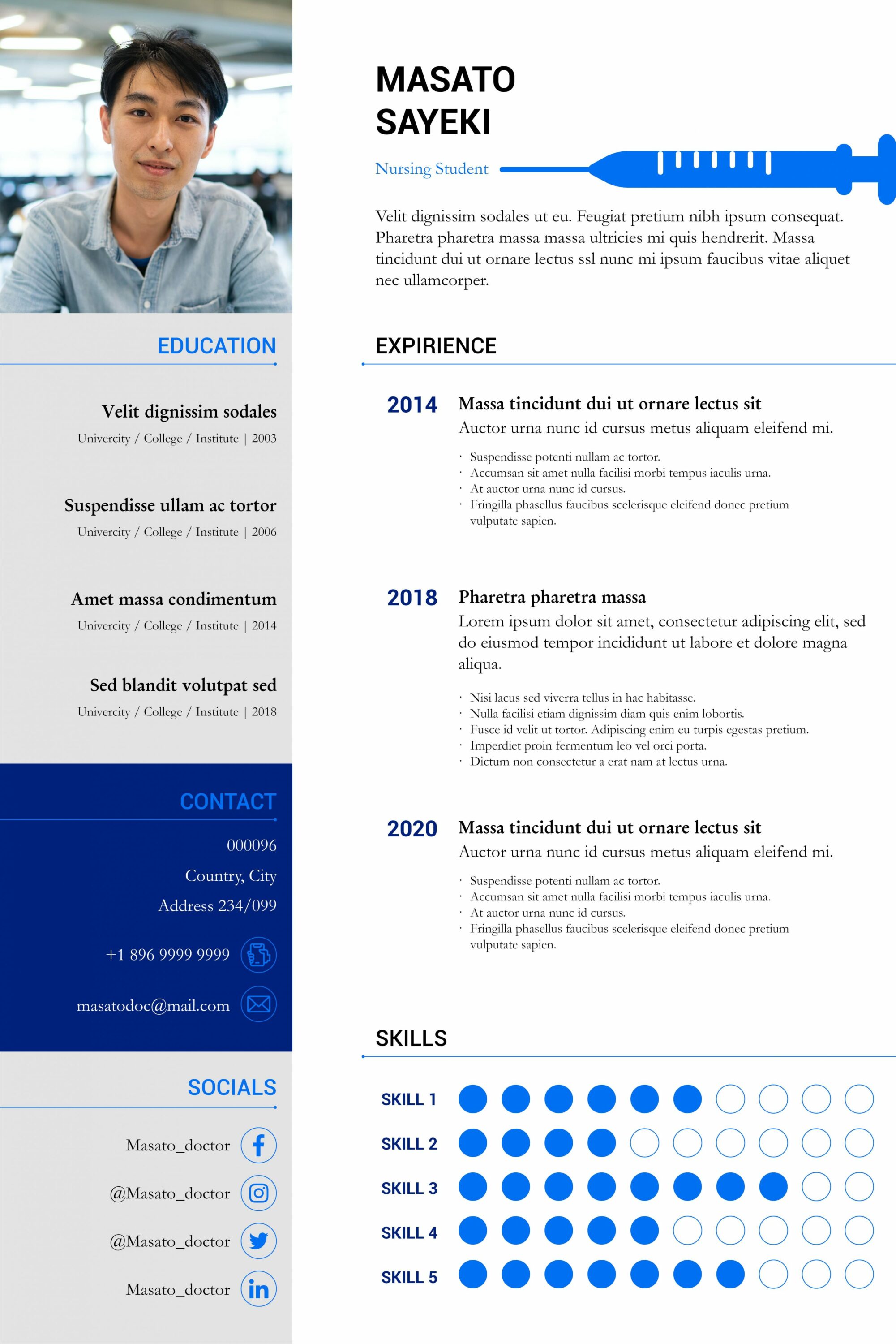 Blue and white resume with a picture of a man.