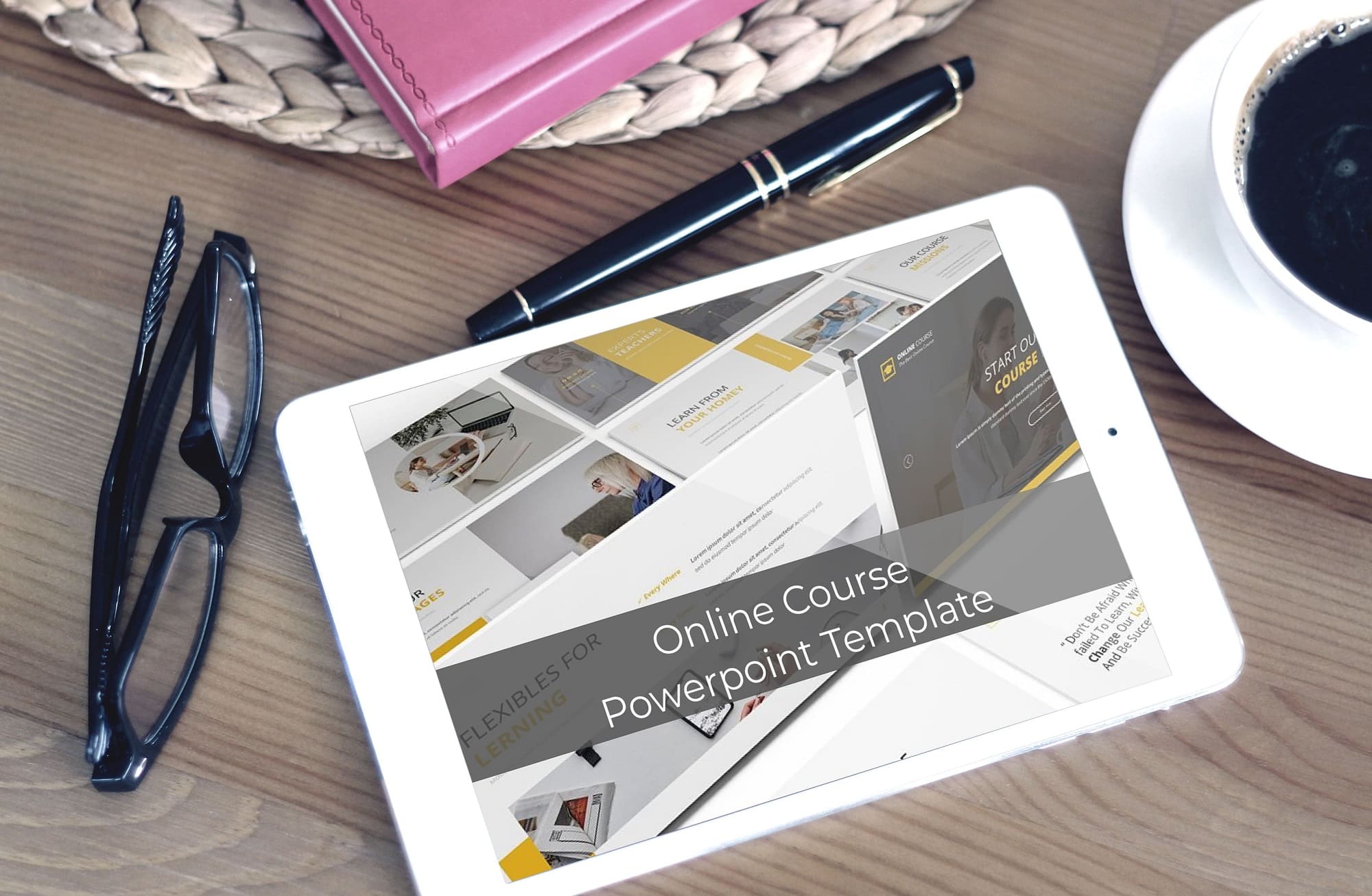 online course powerpoint template tablet mockup.