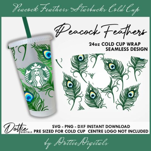 Starbucks cup with peacock feathers on it.
