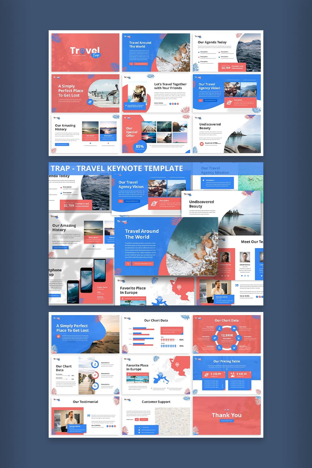 Pinterest image with Trap Travel Keynote Template.
