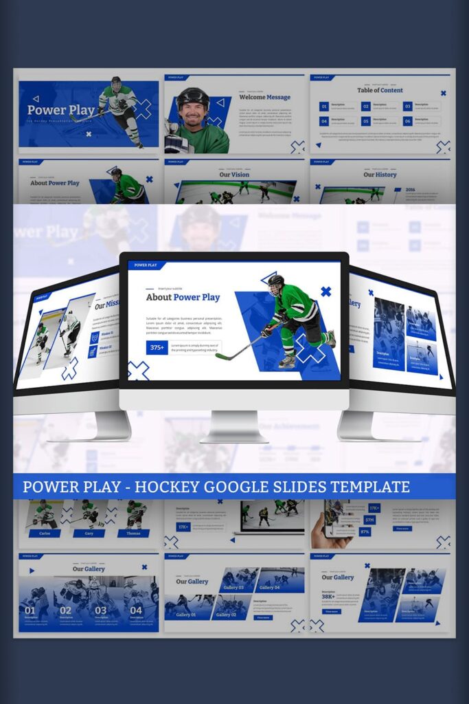 Power Play - Hockey Google Slides Pinterest blue and white preview.