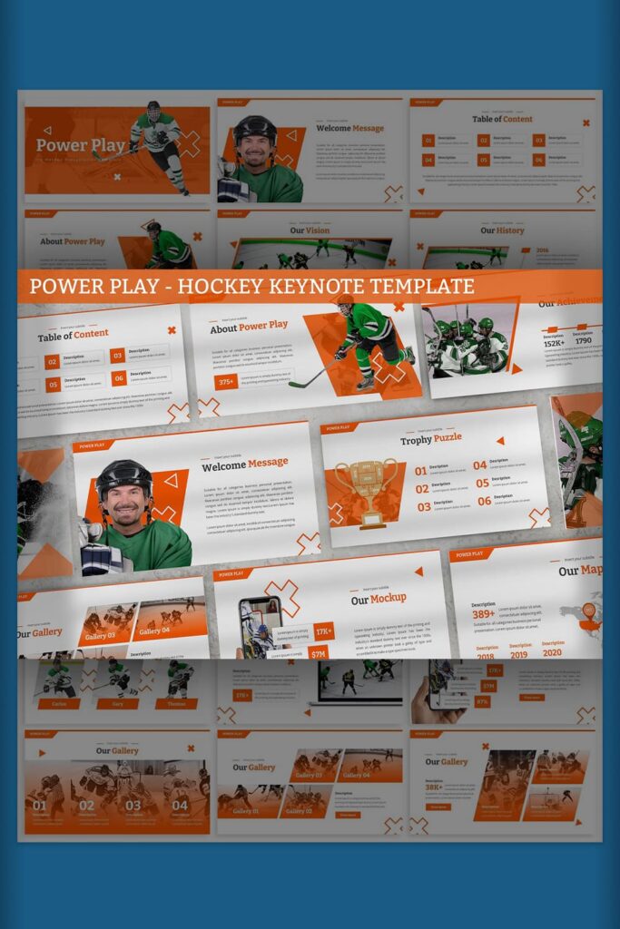 Power Play - Hockey Keynote Template Pinterest preview with orange and white slides.