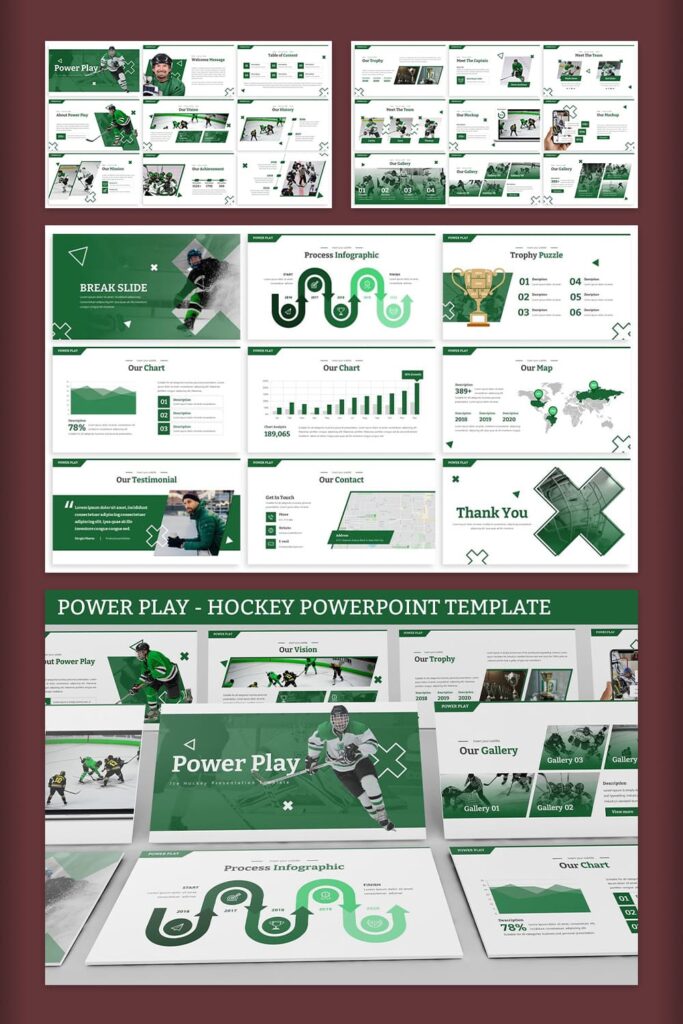 Power Play - Hockey Powerpoint template Pinterest preview with green image.