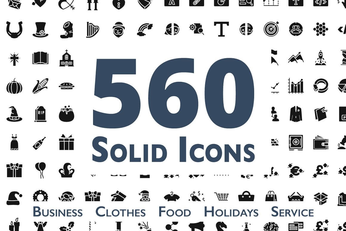 Different Solid Icons, Business, Clothes, Food< Holidays, Service.