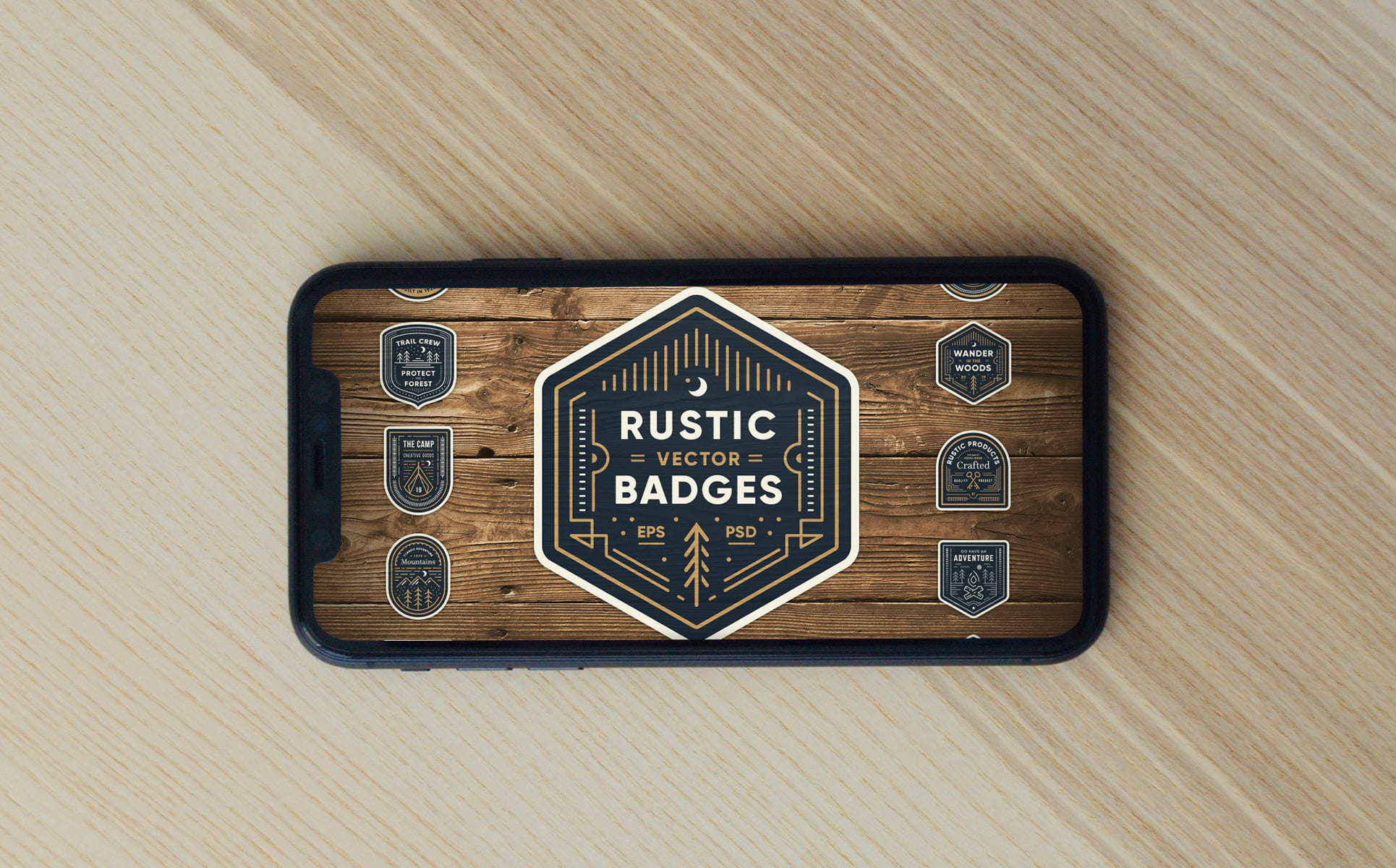 rustic line art badges phone mockup