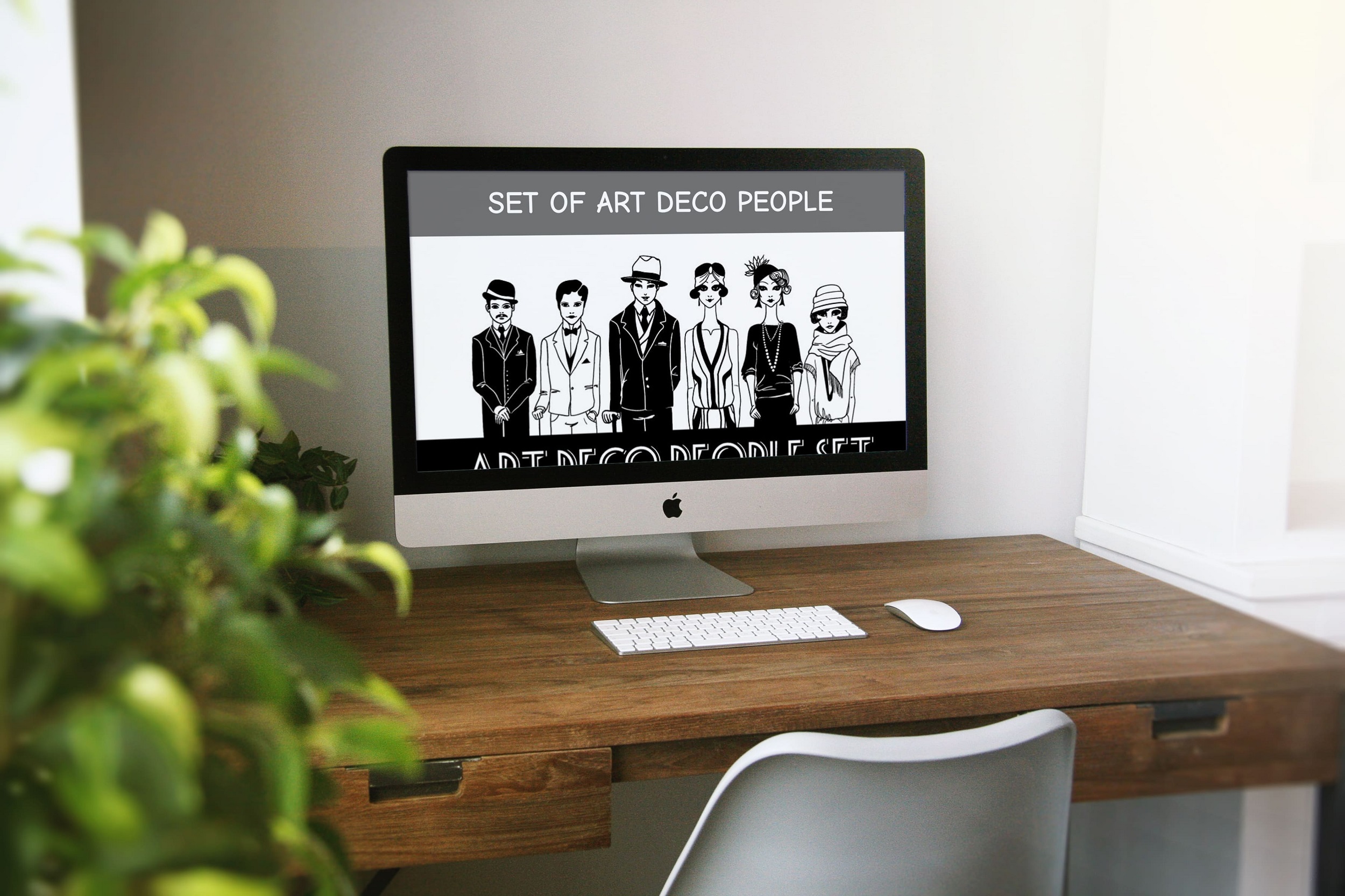 set of art deco people desktop mockup.
