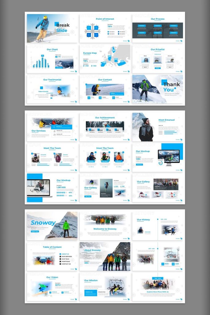 Snoway - Hiking Keynote Template blue and white Pinterest preview.