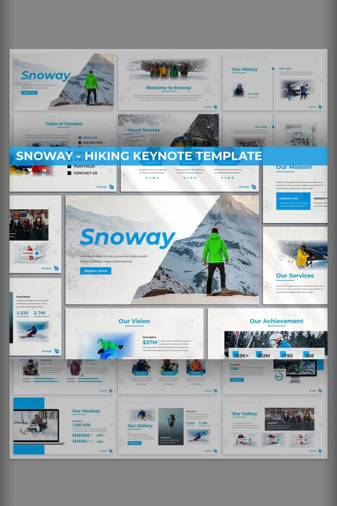 Snoway - Hiking Keynote Template Pinterest preview with mountnains.