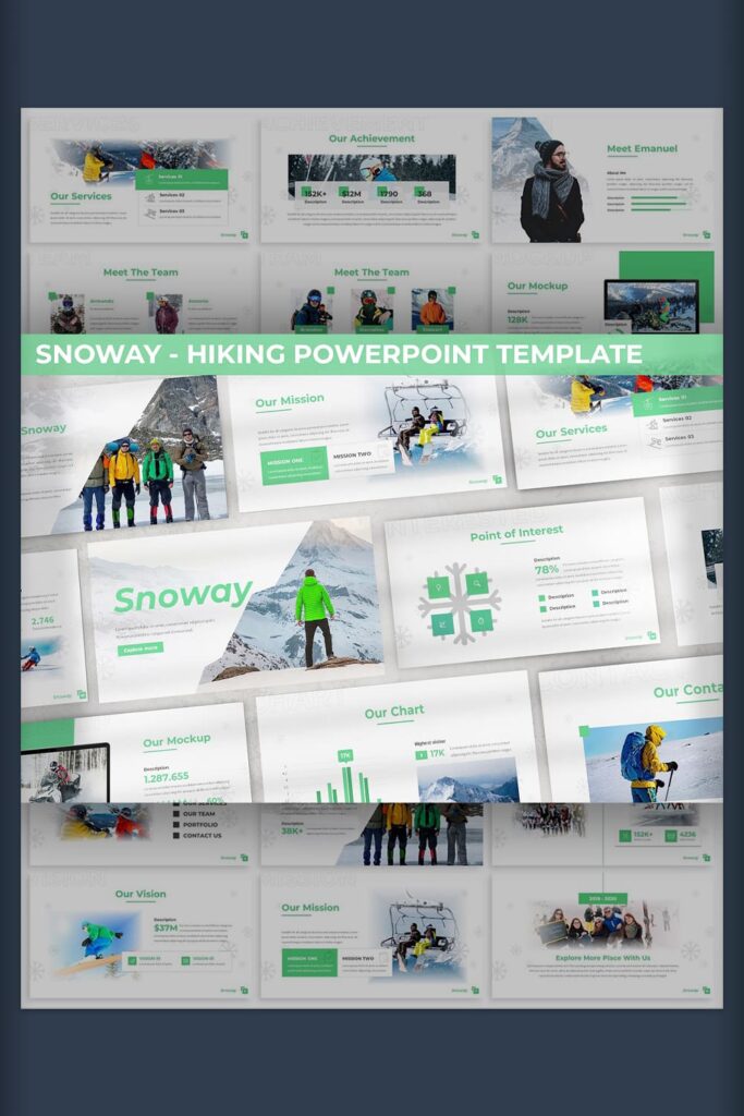 Snoway - Hiking Powerpoint Template pinterest preview with green elements.