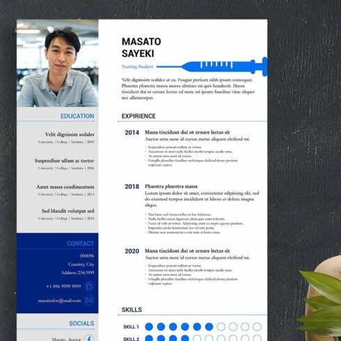 Blue and white resume with a black background.